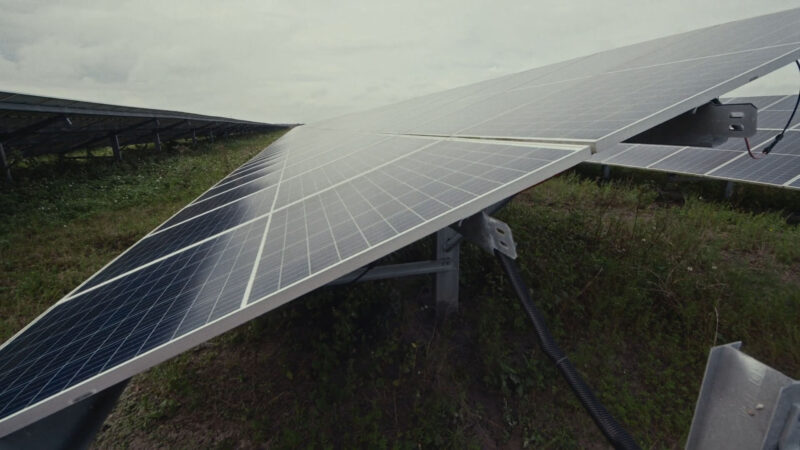 Solar panels during a gloomy and cloudy day