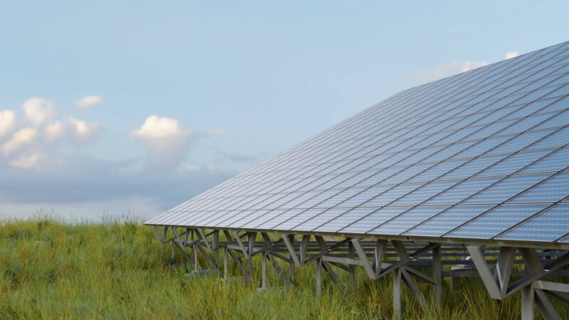 Solar panels in the grass, in nature